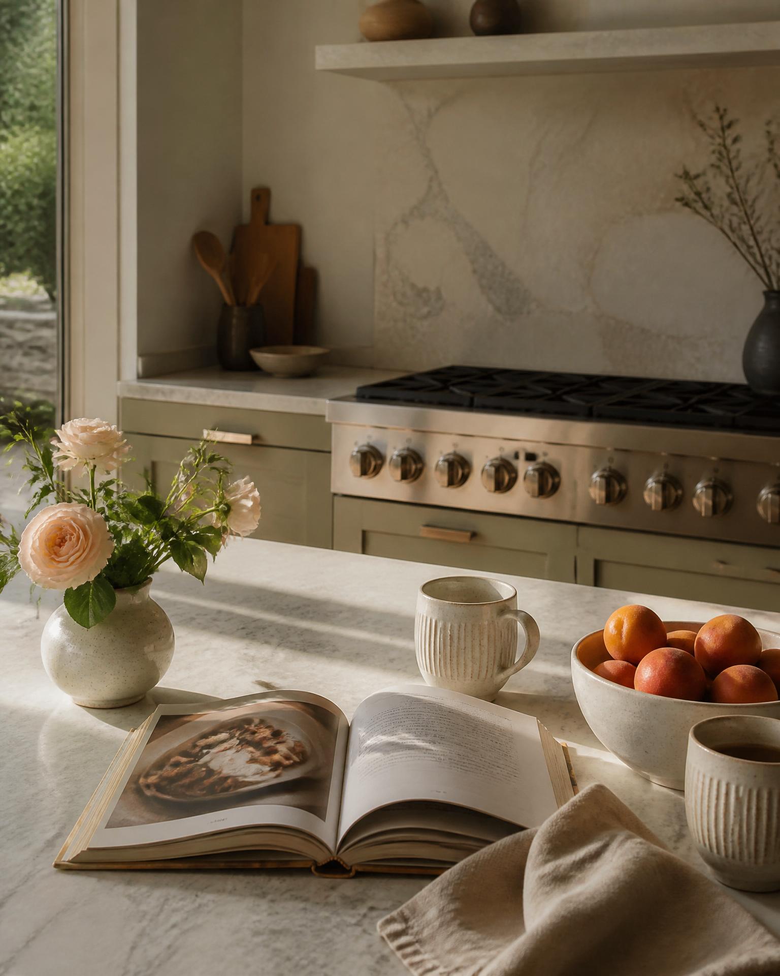 Morning light across a marble kitchen counter — an open cookbook, garden roses, a Miele range beyond