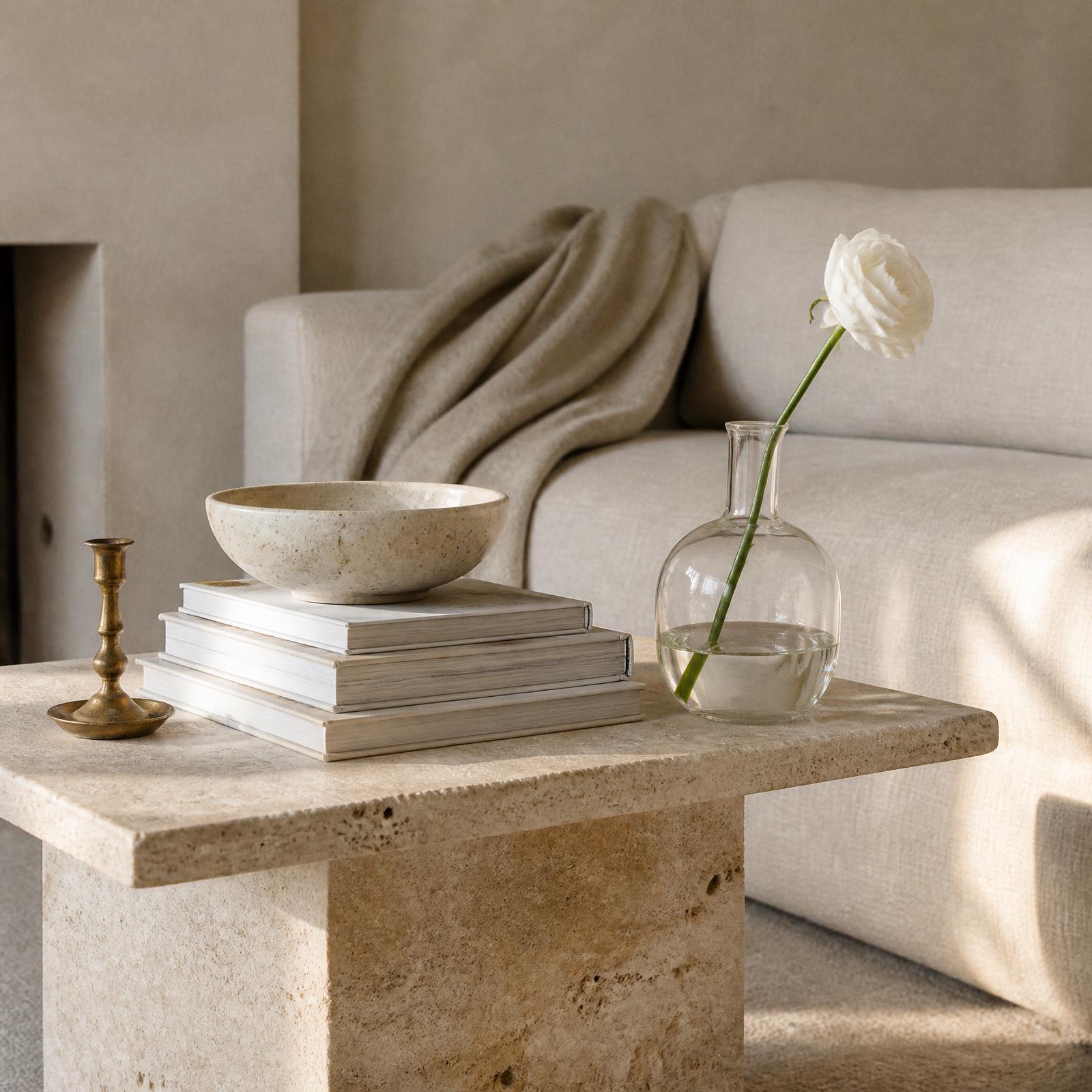 A travertine table with a stack of art books, a handmade ceramic bowl, a brass candlestick, and a single white ranunculus